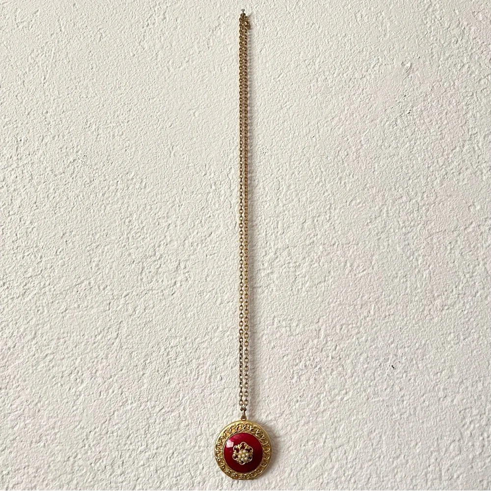 Vintage Guilloche Locket Necklace Gold Tone Red Enamel and Pearl Detail - Picture 15 of 15
